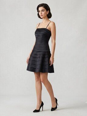 Cache Womens Black Spaghetti Strap Mini A-Line Dress Tiered Cocktail Prom Size 4